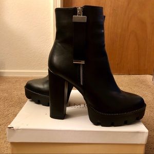 Black Leather Platform Ankle Boots with Block Heel